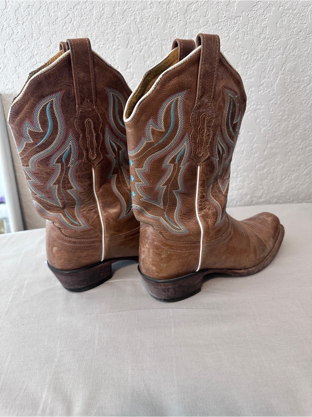 Old West 18006 Brown Leather Turquoise Embroidered Cowboy Boots 7.5 - Picture 8 of 9
